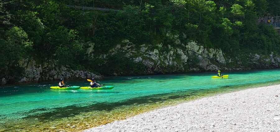 Bovec: Iconic Sit-on-Top Kayak Tour on Soča River +FREEphoto - Paddling from Čezsoča Bridge toward Boka